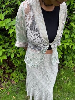 Sheer Lace & Velvet Two-Piece Set in Pale Sage